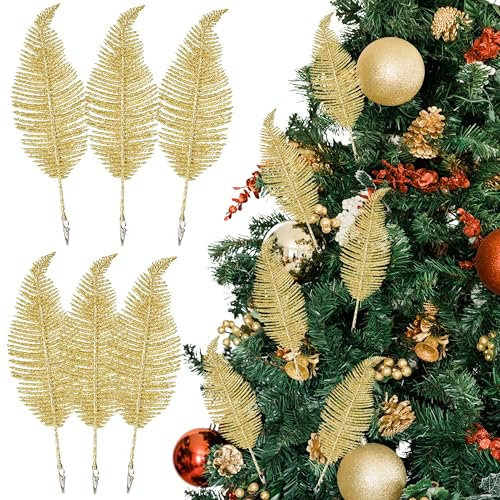 Pack of 6 Christmas Glitter Feathers – Silver, White or Gold, 22cm, Clip on Feather Decorations, Christmas Tree Baubles, Glittery Ornaments, Xmas Home Décor (Gold)