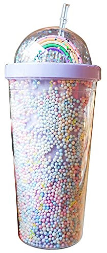 550 Ml Kreative Regenbogen-Kunststoff-Wasserflasche Doppelschicht Glänzender Treibsand Pailletten Trinkbecher Mit Strohdeckel-Becher