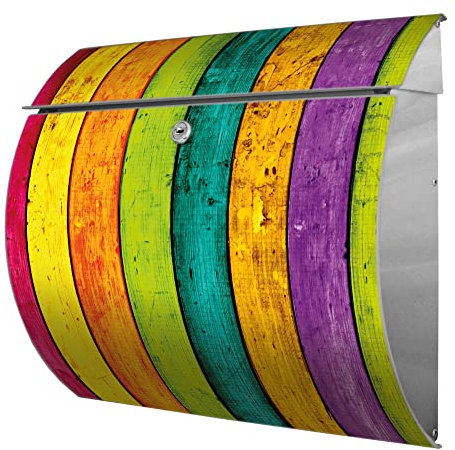 banjado® Burgwächter® Briefkasten Edelstahl mit Motiv Bunte Holzlatten/Briefkasten ohne Zeitungsfach/Edelstahl Briefkasten mit Kippdach & Öffnungsstopp, 2 Schlüssel