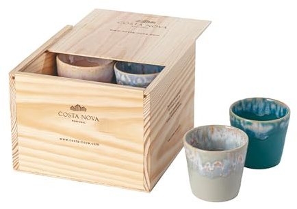 Costa Nova Geschenkset Grespresso: 8 Steinzeug-Tassen mit reaktiver Glasur, Handveredelt in Portugal, Stapelbare Espresso Becher in edler Holzbox, Spülmaschinenfest, Mehrfarbig, ⌀ 6,5 cm