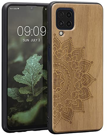 kwmobile Custodia Compatibile con Samsung Galaxy M32 4G Cover - Back Case in Legno con Bumper in Silicone TPU - Sole Marrone Scuro