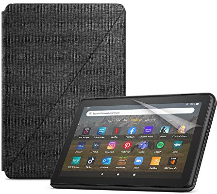 Fire HD 8 Tablet (32 GB, Black, with Ads) + Amazon Fire HD 8 tablet cover (Black) + NuPro Screen Protector (2-pack)