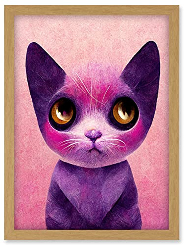 Doppelganger33 LTD Cute Kawaii Cat Portrait Pink And Purple Kids Artwork Framed Wall Art Print A4