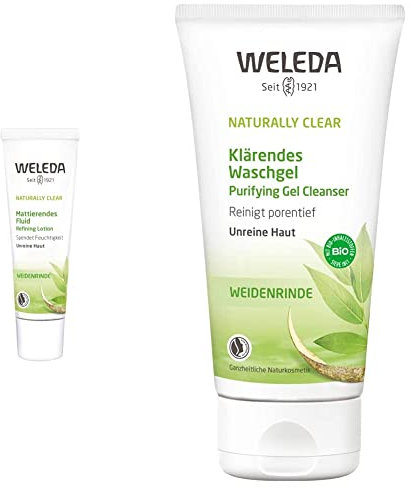 WELEDA Bio Naturally Clear Mattierendes Fluid, Naturkosmetik bei Pickeln & Mitessern, für unreine Haut, Mattierende Creme (1 x 30 ml) & Bio Naturally Clear Klärendes Waschgel, Naturkosmetik (1x100 ml)
