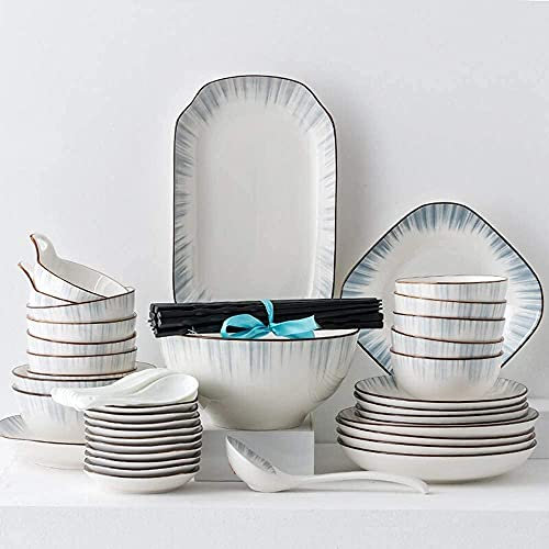 Juegos de platos llanos, 56 piezas, juegos de vajilla de porcelana, juegos de platos llanos y tazones, servicio de vajilla de cerámica para 12, platos llanos de cerámica de la serie Traveling Through