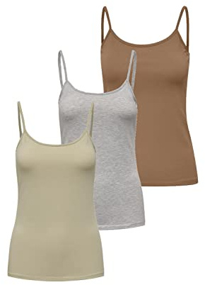 ONLY Damen 3er-Pack Basic Spaghetti-Träger Top Oberteil schmale Träger Shirt, Größe:L, Farbe:3er Mix3