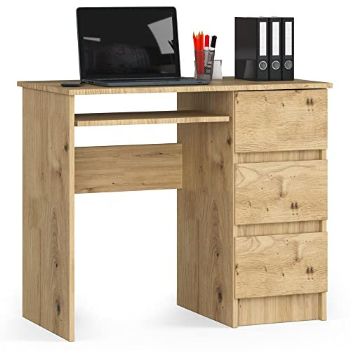 AKORD Bureau Ordinateur A-6 avec Tablette Clavier | L90 x H77 x P50 cm 30 kg | 3 Tiroirs | Petit Bureau de Chambre PC Desk Table | Chêne Artisanal