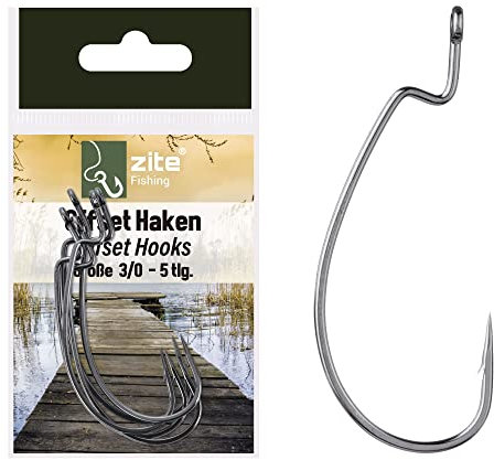 Zite Fishing Offset-Haken Set - 5 STK Scharfe Angelhaken Kunstköder-Angeln Barsch & Zander Größe 3/0 - Perfekt für Gummiköder, Jigs, Creature Baits