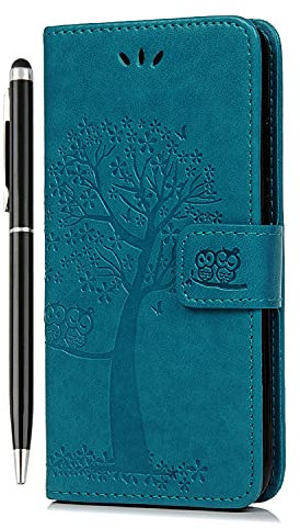 Motorola Moto E13 Case Flip Premium Wallet Phone Case Shockproof PU Leather Owl Tree Embossed Magnet Cover for Motorola Moto E13 with Kickstand Card Holder & 1 Touch Pen Blue