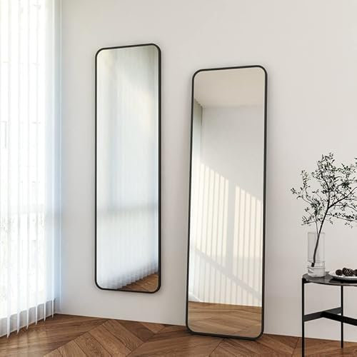 Schwarz Ganzkörperspiegel Wandspiegel Spiegel 40x160cm groß Schwarz Metallrahmen Rechteckiger Standspiegel Runde Ecke Wandmontage Spiegel für Ankleidezimmer, Schlafzimmer, Wohnzimmer, Badezimmer