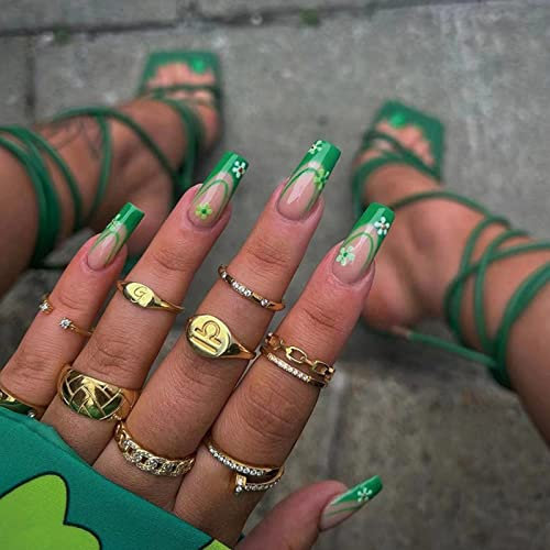 Ceboic Coffin False Nails Medium, 24Pcs Green Border French Press on Nails, Ballerina Trendy Fake Nails with Flowers Designs, Artificial Acrylic Stick on Nail for Women and Girls
