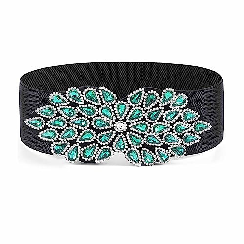 Bohend Kristallblume Elastischer Gürtel Breit Dehnbarer Strass Cinch-Gürtel für Kleid Jahrgang Taillengürtel für Frauen und Damen (C, M)