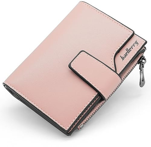 HNOOM Porte Monnaie Femme en Cuir PU Porte Feuilles pour Femme Court Lisse et Souple Petit Portefeuille Femme avec 15 Emplacements Cartes et Zippé Pochette à Monnaie (Rose-X)