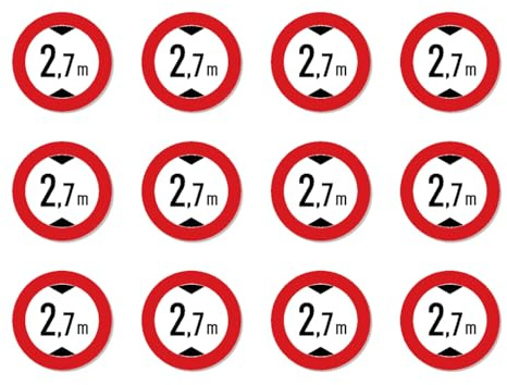 Aufkleber: ⌀ 25 mm, 12 Stück - Maximale Durchfahrtshöhe/Verbot für zu hohe Fahrzeuge - 2,7 m - Meter - StVO Zeichen Z-265