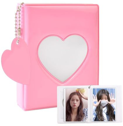 Jiayaus Mini Fotoalbum Kann 32 Blätter Speichern, Rosa Herz Kpop Photocard Binder mit Herz Anhänger, Fotoalbum Geeignet für Die Aufbewahrung von Idolen, Karten, Aufkleber