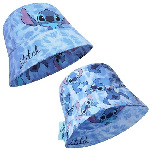 Disney Lilo und Stitch Fischerhut Kinder, Mädchen Bucket Hat für Sommer, Urlaub, Strand - Stitch Sachen (Blau Umkehrbar)