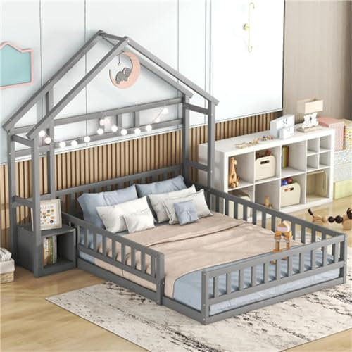 hrijusdif Kinderbett in Form eines Hauses, Parallelbett mit Lattenrost, mit Reling, mit Nachttischen weiß (Gray + Pine)