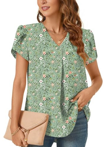 Bestbee Ladies Summer Tops, V Neck Petal Short Sleeve Shirts Dressy Chiffon Tunic Tops Casual T-Shirts Cute Blouses for Women, Green Flower, XL