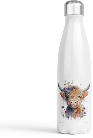 Anonymous Gifting Highland Cow Water Bottle -Purple - Double Wall Insulated Stainless Steel Sport Drinks 500ml Gift Ideal for School Work Office Oudoor