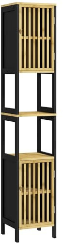 HOMCOM Tall Bathroom Storage Cabinet, Slim Bamboo Bathroom Cabinet with 2 Open Compartments, 2 Slatted Doors and Adjustable Shelves, Black
