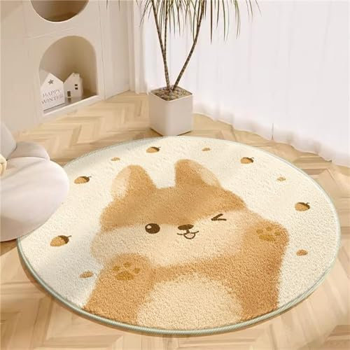 Herfair Kinderteppich Mädchen Rund Kinder Teppich, Beige Teppich Mädchen Katze Cartoon Tier rutschfest Kinderzimmerteppich Kurzflor Babymatte für Babyzimmer Deko (Stil H,100cm)