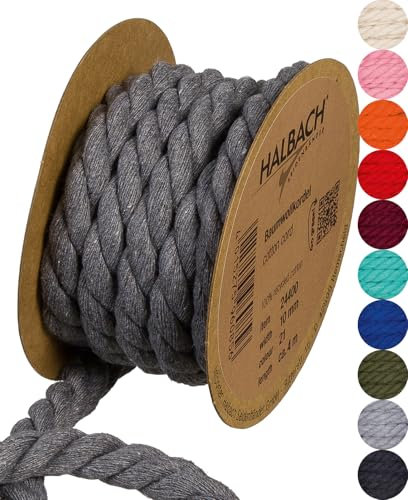 Halbach Seidenbänder recycelte Baumwollkordel, Breite: 10 mm/Länge 4 Meter, Nachhaltiges Baumwollgarn für Makramee, Naturkordel zum Basteln, Farbe: Graphitgrau
