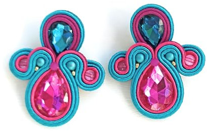 Pendientes coloridos turquesa fucsia soutache, Pendientes cortos cristal buganvilla turquesa