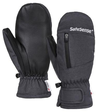 Safesense Skihandschuhe Fäustlinge Damen Herren sehr warm, Fausthandschuhe Snowboardhandschuhe Winter wasserdicht Grau M