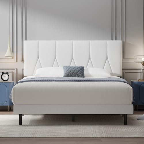 Yocreat King Bed Frame, White, Upholstered Wooden Slat Bed Frame with Headboard, Easy Assembly, Underbed Storage, No Box Spring Needed 150×200