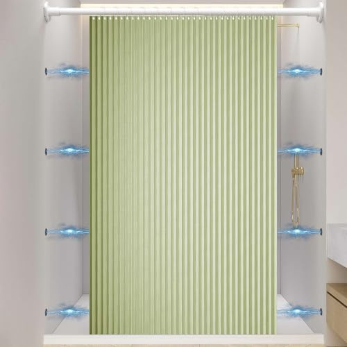 Momooda Rideau de Douche Pliable Aimantée, Vert, 120x200cm | Rideau de Douche Imperméable Anti Moisissure avec Crochets, Rideau de Douche Lin pour Salle de Bain 220g/m²