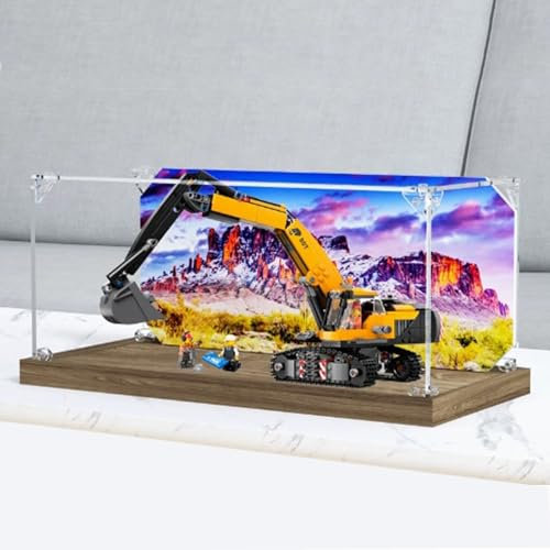 Acrylic 3MM Display Box for Lego 60420 Yellow Excavator Model, Transparent Dustproof Display Box, Storage Box, Compatible with Lego 60420 (Model Not Included) (Brushed Raised Base)
