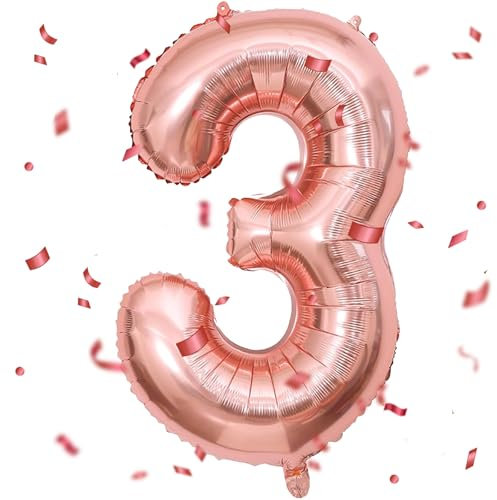 Rose Gold Balloon 3, Numbers Balloon Rose Gold, 40 Inch Rose Gold Foil Balloon 3.101 cm Rose Gold Number Balloon 3 Helium Balloon 3rd Birthday for 3 Years Birthday Decoration Children Girls Boys