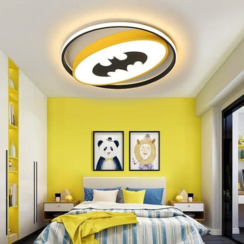 LED Deckenleuchte Kinderzimmerlampe Dimmbar Deckenlampe Batman Acryl Lampenschirm Junge Kinder Kreative Cartoon Deckenbeleuchtung Mit Fernbedienung Schlafzimmer Arbeitszimmer Hängelampe Gelb(40CM)