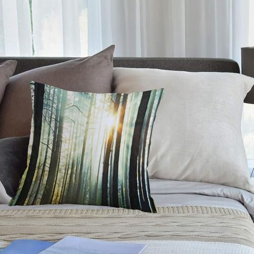 KHWEJ Kissenbezüge 40x40 cm,Natur, Nebel im Zauberwald mit Sonnen, weiche hochflorige Badvorleger,Zierkissenbezug Cushion Cover Couch Wohnzimmer Außenbereich Deko