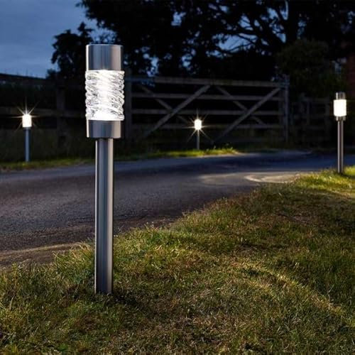 Garden Mile Solar Powered Stainless Steel Garden Lighting LED Garden Stake Outdoor Light Bollard Pathway Borders Patio Weatherproof Warm Lights (6pc Martello Bollards) (6pc Martello Bollards)