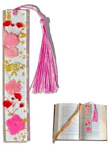 Lesezeichen Personalisiert,Harz Getrocknete Blumen Lesezeichen Kinder,Bookmark Aesthetic,Acryl Buchseitenhalter Daumen mit Quaste,Book Marks,Lesestreifen,Lesen Zubehörfür Leser Lehrer Studenten (Rosa)