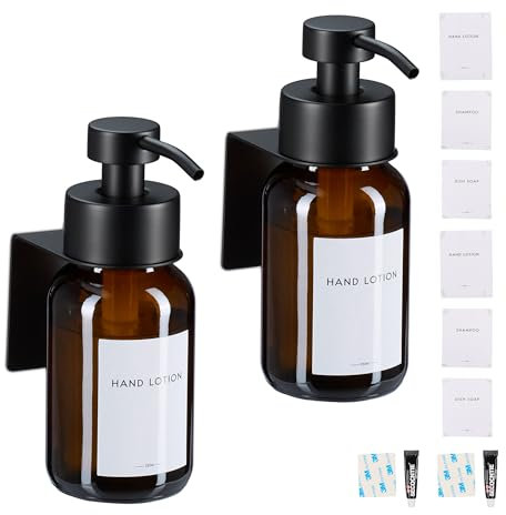 Relaxdays Seifenspender, 2er Pack, 250ml, Braunglas, Edelstahl, Wandseifenspender zum Kleben, ohne Bohren, braun/schwarz