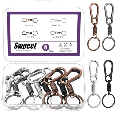 Swpeet Kit de 8 pièces de porte-clés en alliage de zinc avec clips à ressort, anneaux en O, noir/bronze/noir fusil/argent, déverrouillage rapide, anneaux de porte-clés, petits mousquetons à clip et