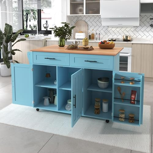 LAKFEW Isla Cocina con Ruedas y Tablero Plegable, Armario Cocina con 2 Cajones y 3 Puertas, Isla de Cocina con Estante Ajustable y Toallero, Mueble Auxiliar, 129x46(71) x91.5 cm, Azul
