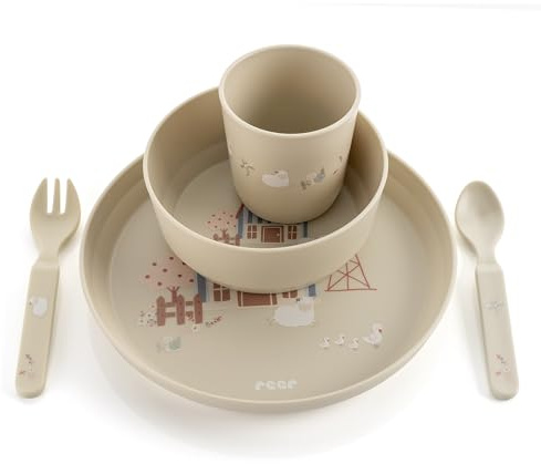 reer Kindergeschirr Set | Motiv: Little Farm | Biokunststoff-Geschirr für Kleinkinder aus 100% ISCC-zertifiziertem Material | 5-teilig | BPA-frei | spülmaschinengeeignet