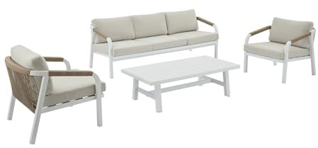 Vente-unique - Salon de Jardin en Aluminium et Corde : canapé 3 Places, 2 fauteuils et Une Table Basse – Blanc avec Coussins Beiges – LUREYA de MYLIA
