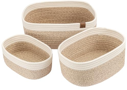 EVERGOODS Cotton Rope Storage Baskets Set of 3, Small Woven Organizer Bins for Bathroom Shelf, Nursery & Closet, Decorative Rope Baskets for Home Organization (White)