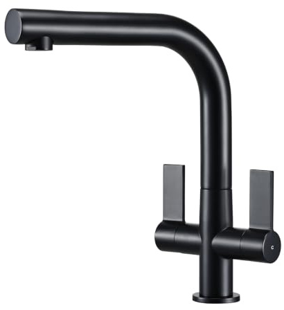Hapilife Kitchen Tap Matt Black Dual Lever L-Shape Spout 26.5CM Height | Solid 304 Stainless Steel, 360° Swivel Square Space-Saving Kitchen Sink Mixer Taps, Ideal for Modern Minimalist, Easy Install
