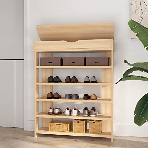 soges 5 Ebenen Schuhregal Schuhschrank Holz, 75 x 30 x 94,5 cm Schuhablage Schuhständer für Wohnzimmer, Diele, Flur, Weiß Ahorn