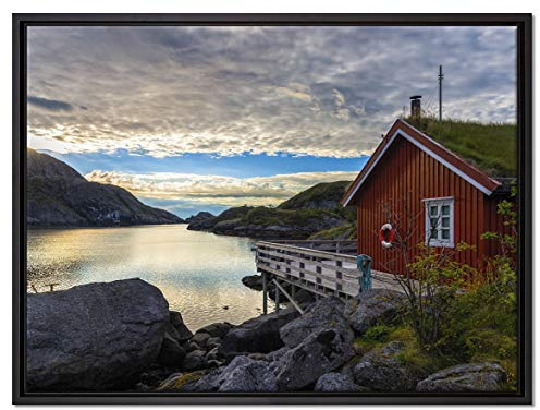 Pixxprint Sonnenaufgang am Fjord Norwegens Leinwandbild 80x60 cm im Bilderahmen, Wandbild, Schattenfugenrahmen, Kein Poster