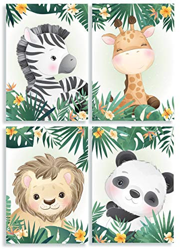 Klasse 4er Set Bilder Dschungeltiere Dschungel Panda Löwe Giraffe Zebra Dekobilder Kinderzimmer Babyzimmer Jungen Mädchen Baby Bilderset Poster DIN A4 Dekoration (ohne Rahmen)