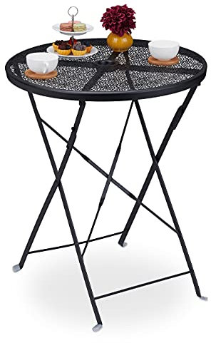 Relaxdays Balkontisch klappbar, HxD: 71,5 x 60,5 cm, wetterfester Gartentisch mit Schirmloch, rund, Stahl, schwarz