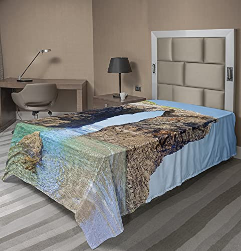 ABAKUHAUS Strand Bettlaken, Spanisch Seacoast Landschaft, weiches bequemes oberes Bettlaken dekoratives Bett 1 Stück, 190 cm x 100 cm, blau Creme