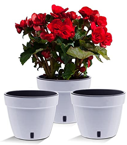 Santino ASTI 3er Set 18CM Selbstwässernder Blumentopf mit Wasserstandsanzeiger - Rund Premium Qualität Innen Blumentopf für Anlagen, Blumen, Kräuter (Ø 18 cm, H 14 cm, 2,5L - White/Black)
