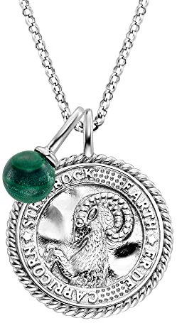 Engelsrufer Damen Halskette aus Sterling Silber und Sternzeichen Steinbock Anhänger - besetzt mit 4 Zirkonia Steinen und einem grünen Malachit Stein Anhänger - Länge: 50cm